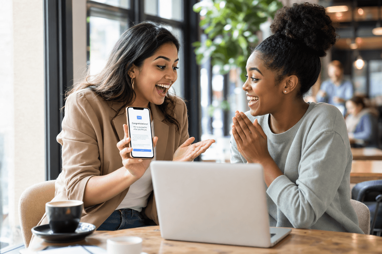 Two friends celebrating as one shows off her job offer on her phone