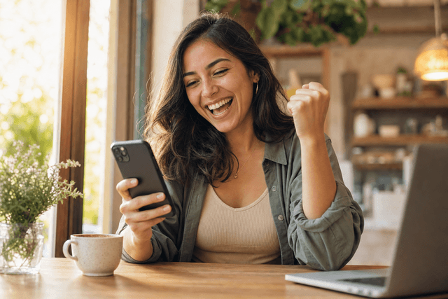 Young professional celebrating a job interview on a video call