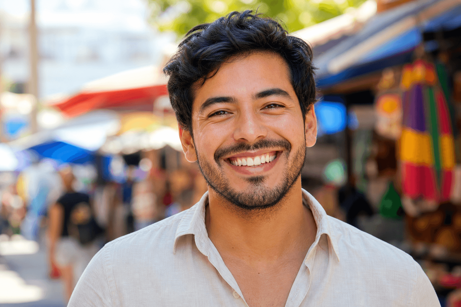 Diego smiling at an outdoor market