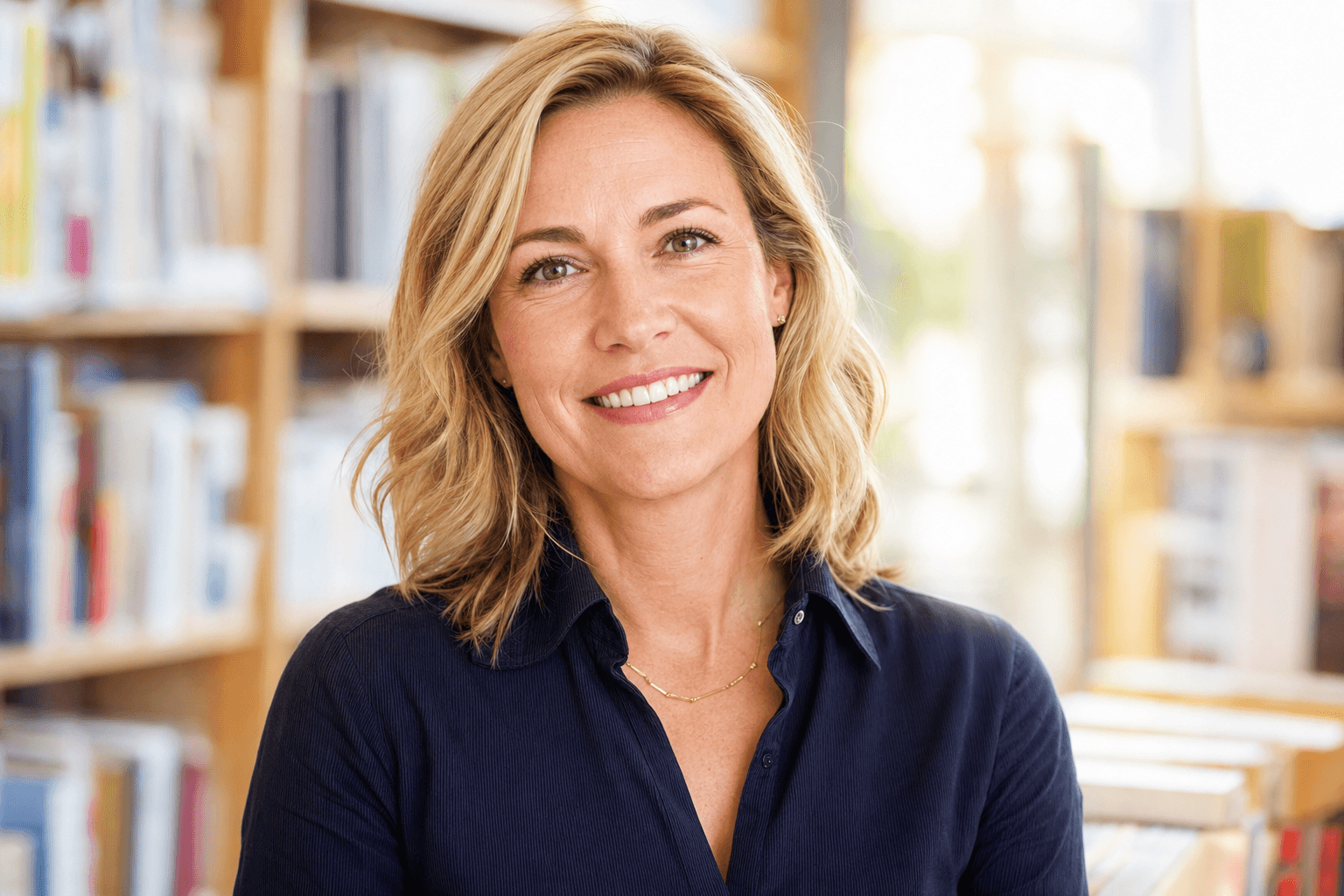 Helen smiling in a bright library