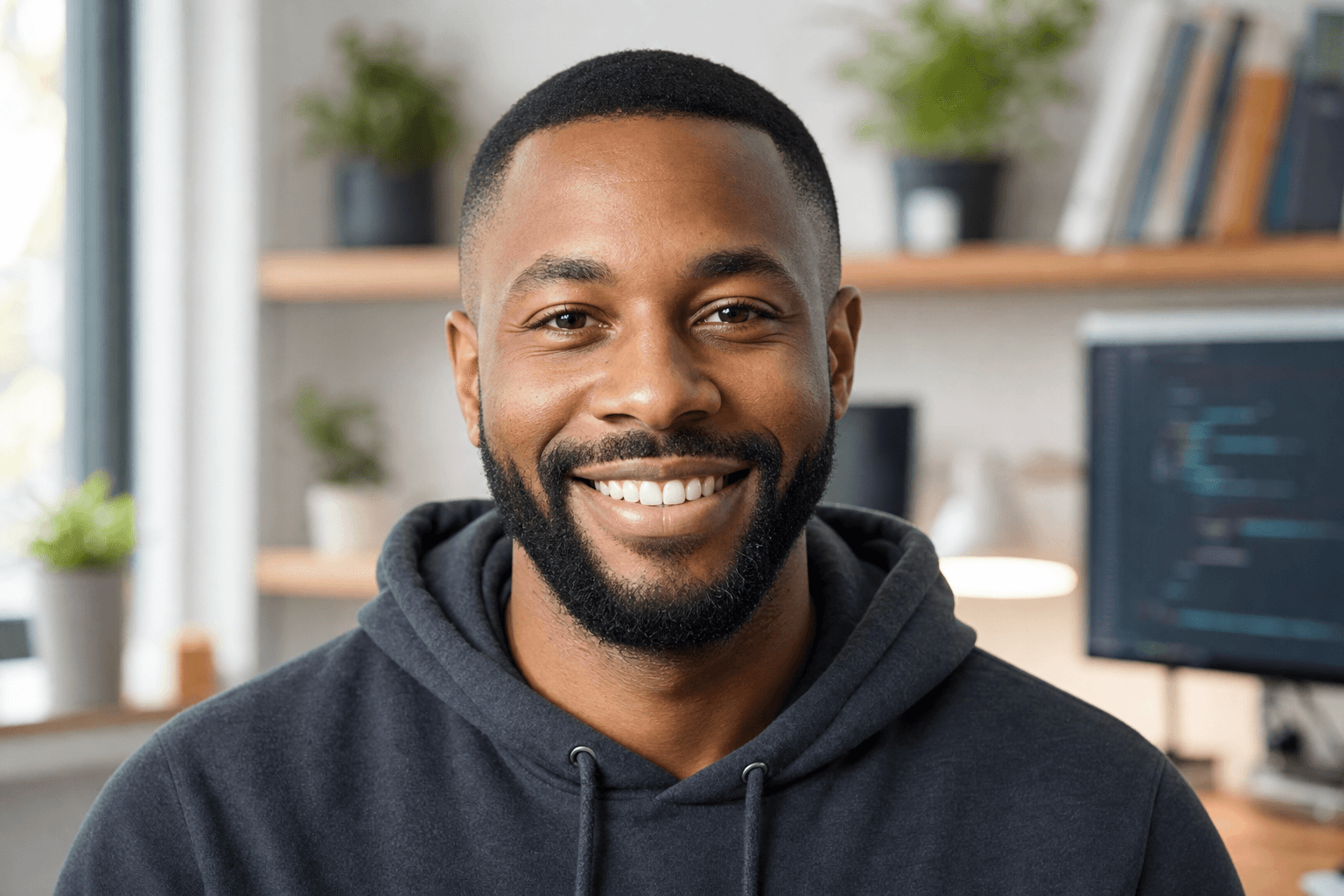James smiling in his home office