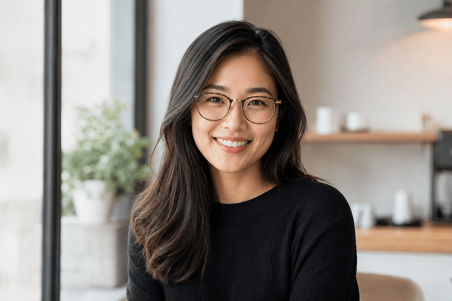 Yuki smiling in a bright cafe